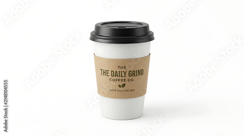 White disposable coffee cup with black lid and brown cardboard sleeve featuring 