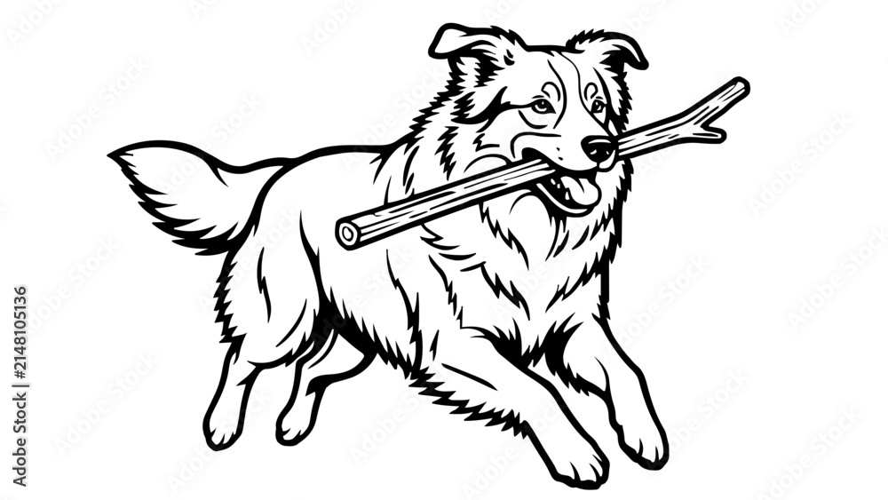 Fototapeta premium Ein laufender Hund trägt stolz einen Stock im Maul. Das dynamische Motiv vermittelt Spielfreude und gemeinsame Zeit in der Natur.