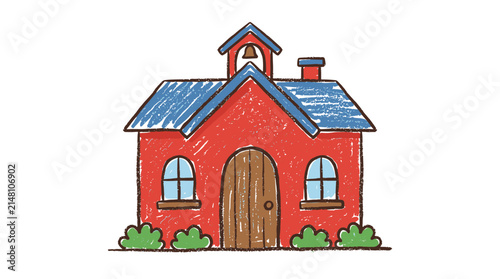 Little red school house building with bell tower and bushes in crayon drawing art style