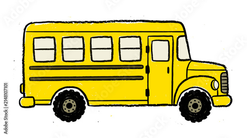 Hand drawn vintage style yellow school bus illustration with detailed textured bus design