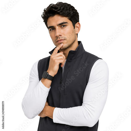 Thoughtful Handsome Young Man Wearing Black Vest and Smartwatch Posing 