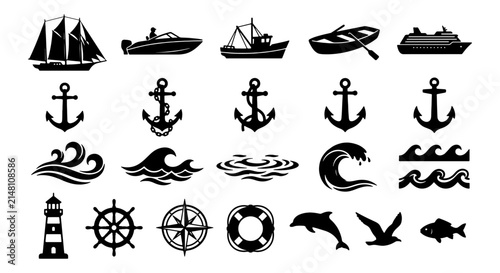 Photography Nautical Vector Icons Set: Sailing Ships, Anchors, Waves, Lighthouses, Marine Li