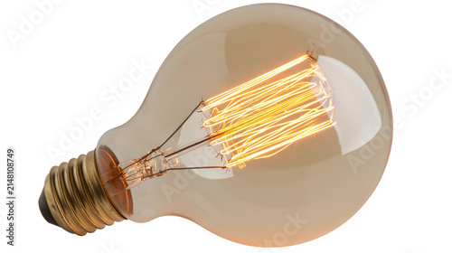 Картината върху платно Edison incandescent light bulb with glowing filament, isolated on transparent ba