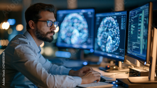 Photorealistic data scientist training a machine learning model in a contemporary technology workspace, studying visual data patterns on multiple monitors with abstract