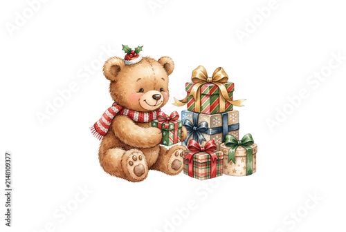 Cute Christmas teddy bear sitting with wrapped gift boxes, wearing a red striped scarf and santa hat with holly, perfect for holiday greeting cards and prints.