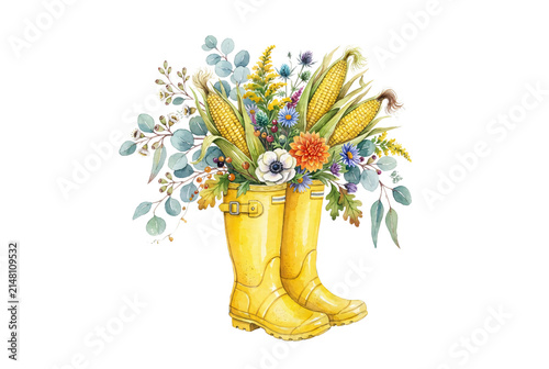 Rustic watercolor autumn illustration with yellow rain boots filled with a harvest bouquet of cobs of corn, dahlias, eucalyptus, and wild foliage.
