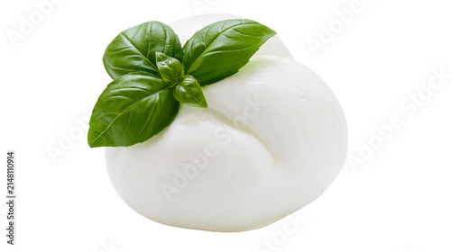 Fresh mozzarella cheese ball with green basil leaves, isolated on transparent background