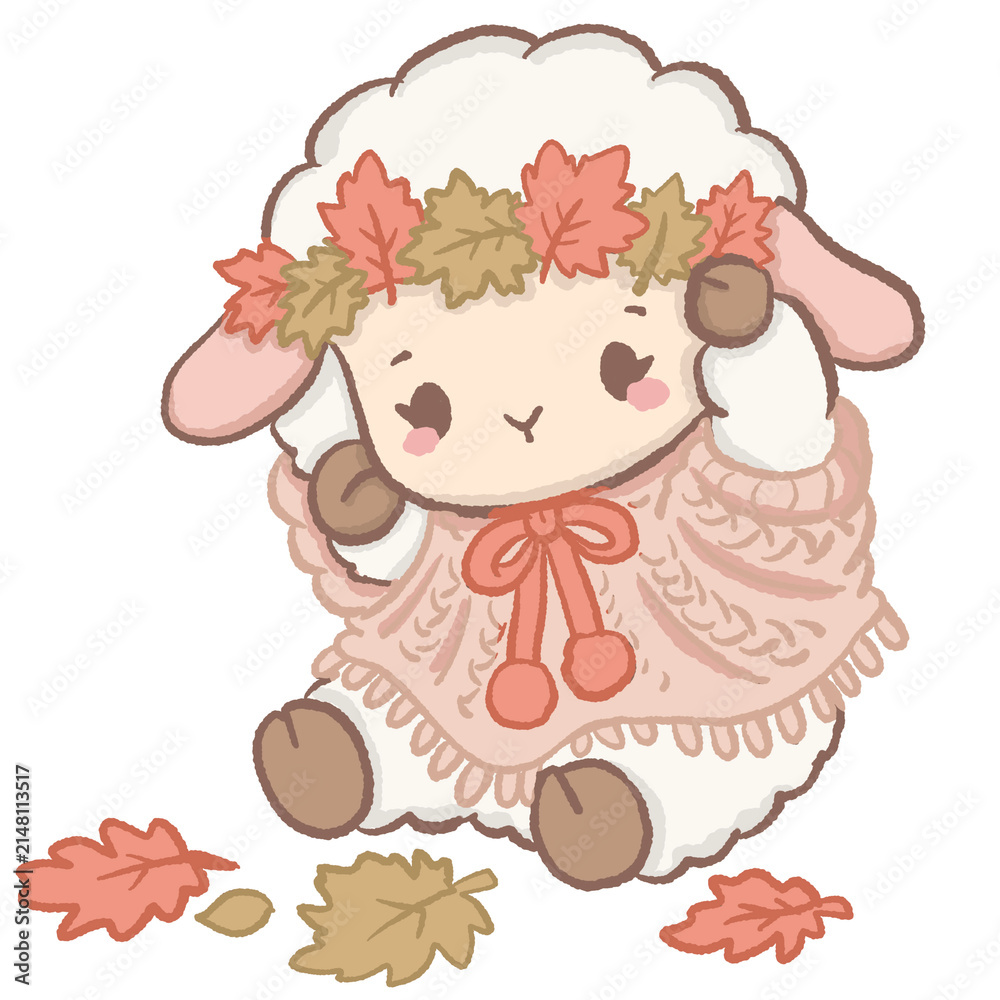 Fototapeta premium Cute Kawaii Chibi Lamb Wearing a Cozy Autumn Leaf Crown in a Knitted Sweater Fall Clipart Illustration