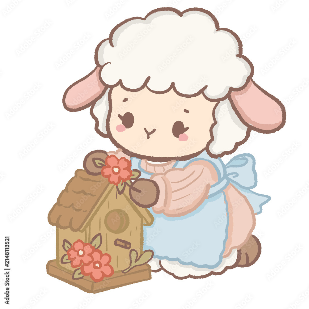 Fototapeta premium Cute Kawaii Chibi Lamb Decorating a Rustic Birdhouse with Flowers Cottagecore Clipart Illustration