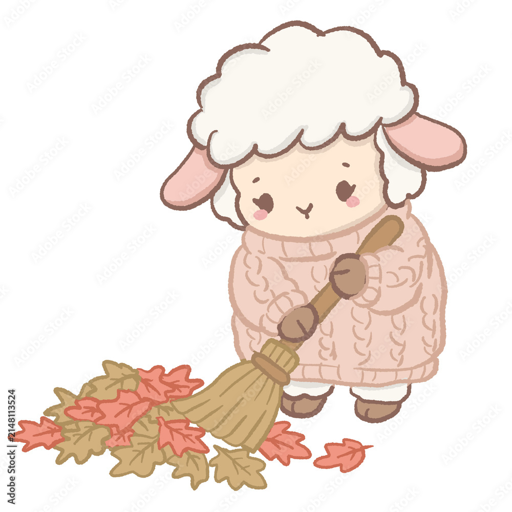 Fototapeta premium Cute Kawaii Chibi Lamb Sweeping Colorful Autumn Leaves with a Rustic Broom Cozy Fall Clipart Illustration