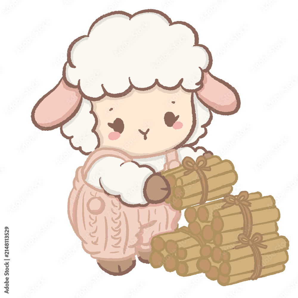 Fototapeta premium Cute Kawaii Chibi Lamb Carrying Bundles of Firewood in a Cozy Knitted Sweater Autumn Clipart Illustration