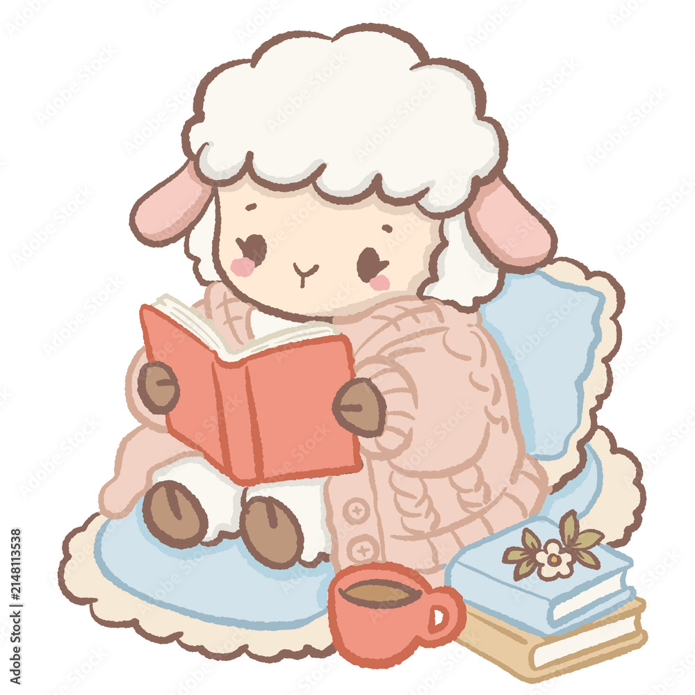 Fototapeta premium Cute Kawaii Chibi Lamb Reading a Cozy Book Wrapped in a Pink Knit Sweater Autumn Cottagecore Clipart Illustration