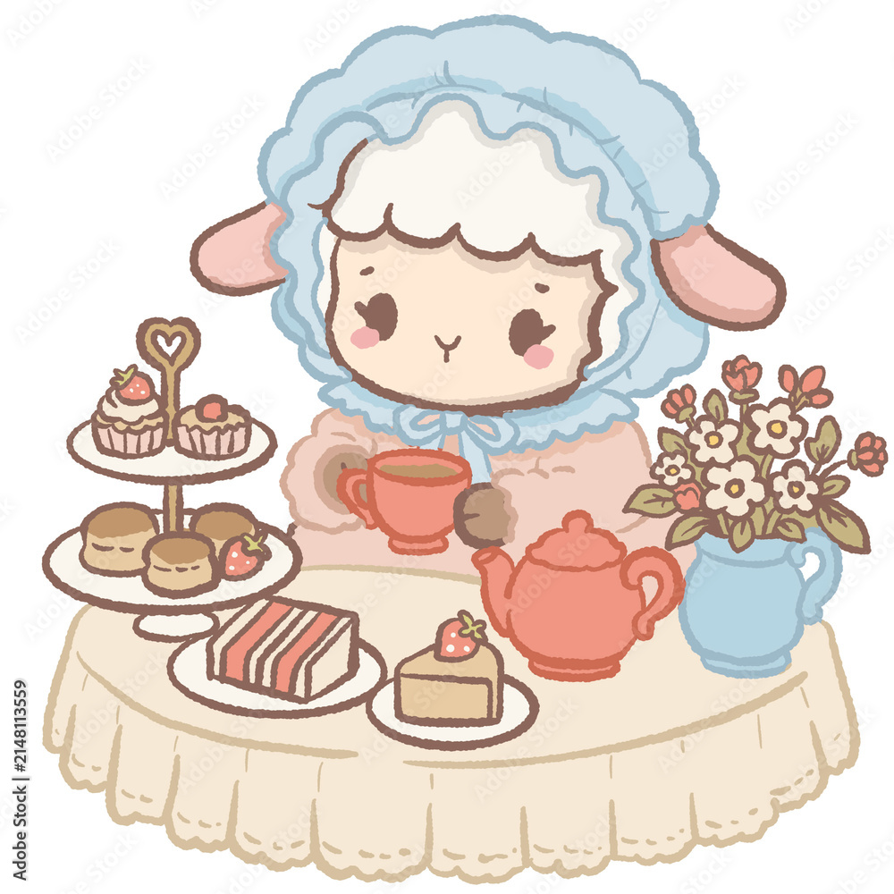 Fototapeta premium Cute Kawaii Chibi Lamb Enjoying an Afternoon Tea Party with Cakes Flowers and a Cozy Bonnet Clipart Illustration