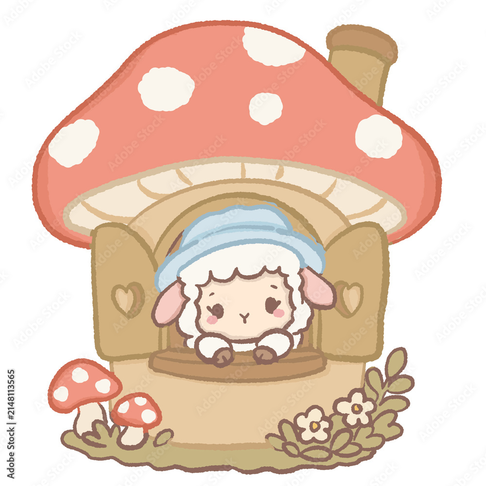 Fototapeta premium Cute Kawaii Chibi Lamb Peeking Out of a Giant Mushroom Cottage Window Cottagecore Clipart Illustration