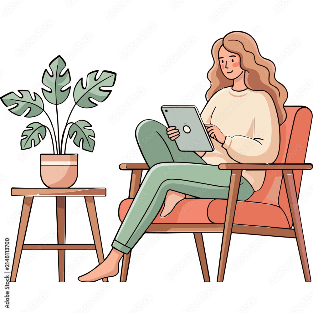 Fototapeta premium Woman sitting in armchair using digital tablet near houseplant illustration
