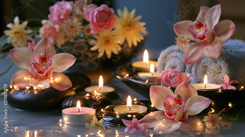 Spa Setting with Candles and Flowers for Relaxation