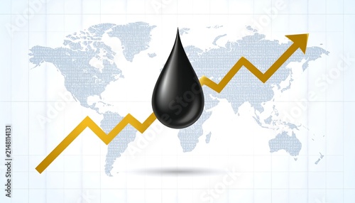Rising oil prices concept with a black drop icon over a global world map.
