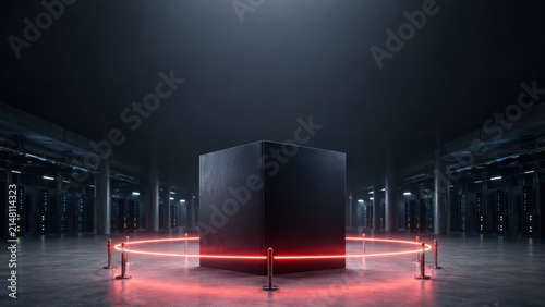 Black Cube in Data Center with Red Laser Security Ring 3D Rendering