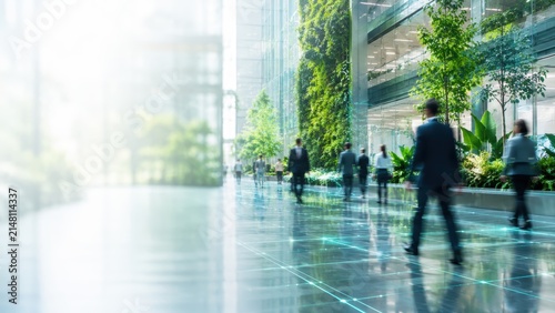 Business People Walking in Smart Sustainable Office Lobby Concept Photo