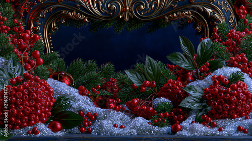 Christmas Wreath with Red Berries and Snowy Background