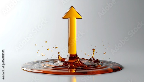 Golden arrow symbol rising from a liquid splash on a white background.