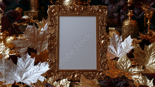 Elegant Gold Frame Surrounded by Autumn Leaves