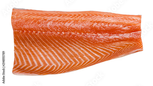 Fotografie Raw salmon fillet with distinct white fat lines, isolated on transparent backgro