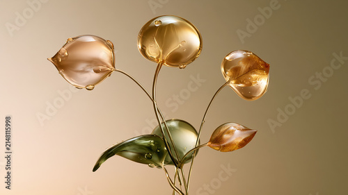 Abstract Glass Flowers with Water Droplets on Neutral Background