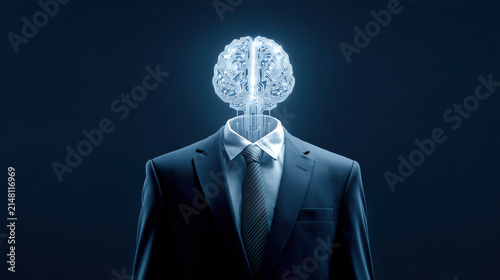 A professional man in a suit with a luminous circuit-board brain hologram. Concept of artificial intelligence in business, digital transformation, and smart leadership.