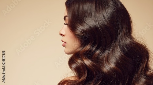 Side view of a model with healthy brown hair against a beige background. Concept of premium hair care, silk texture, and salon results.