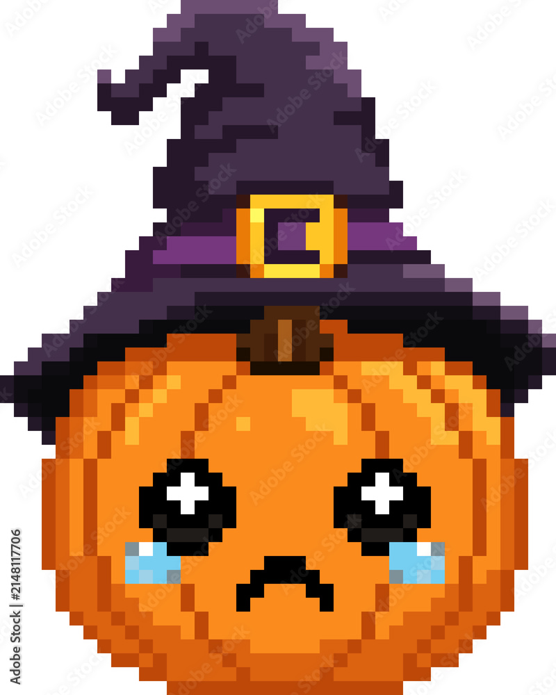 Fototapeta premium Pixel Art Crying Halloween Pumpkin, 8 Bit Pixel Sad Jack O Lantern Sprite, Retro Pixel Art Cute Pumpkin Character, Emotional Halloween Game Asset