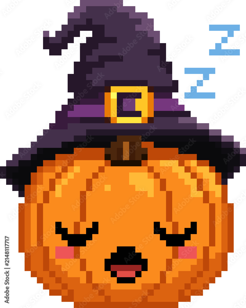 Fototapeta premium Pixel Art Sleeping Halloween Pumpkin, 8 Bit Pixel Sleepy Jack O Lantern Sprite, Retro Pixel Art Cute Pumpkin Character, Dreaming Halloween Game Asset