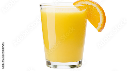 Tall glass of fresh orange juice with a citrus slice garnish, isolated on transparent background