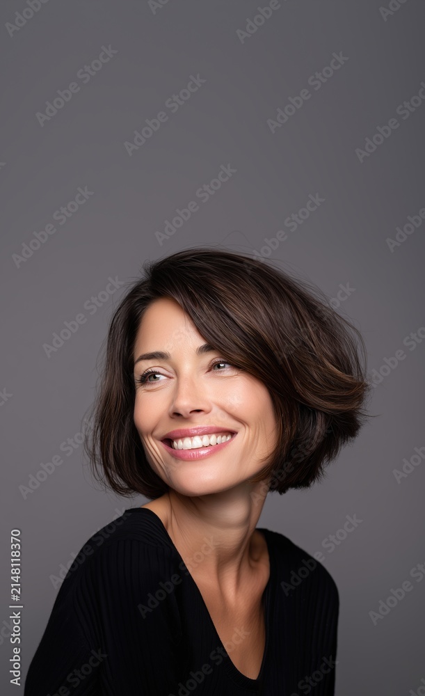 Fototapeta premium A brunette woman with short hair poses in studio light, showing her healthy complexion. Concept of skincare, natural beauty, and anti-aging.
