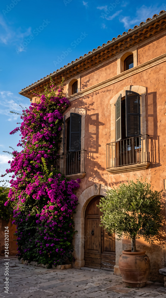 Obraz premium Southern European villa facade, terracotta walls, arched openings, wrought iron shutters, vivid bougainvillea, warm afternoon sunlight, no people