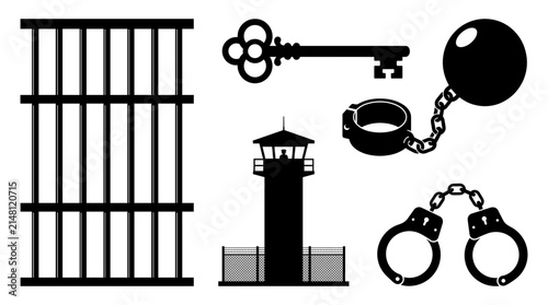 Fotografie Prison and law enforcement silhouette including jail bars, watchtower, old skele