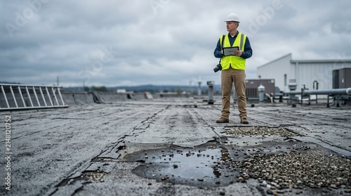 Deteriorated membrane surface on a flat commercial roof being assessed for hail damage by an adjuster.