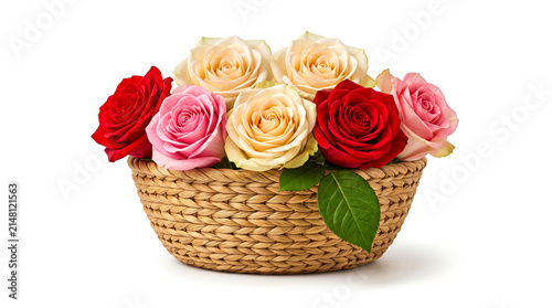 Bouquet of colorful roses in a wicker basket isolated on white background