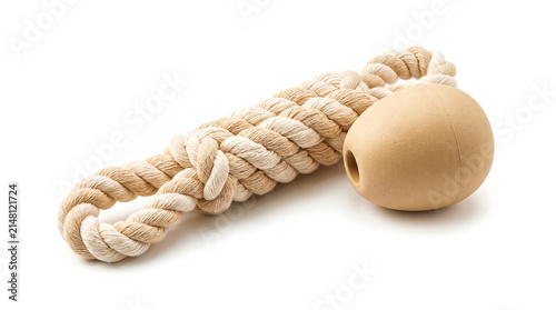 Dog toy with a thick rope and a beige rubber egg shape isolated on white background