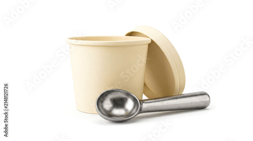 Empty paper ice cream cup with lid and metal scoop isolated on white background