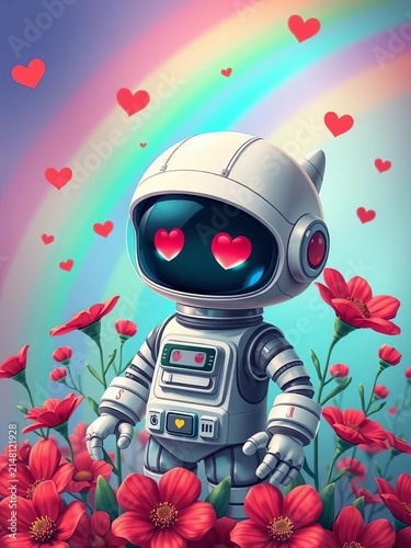Charming robot astronaut surrounded by vibrant red flowers and heart eyes against a colorful rainbow backdrop illustration, sci-fi, rainbows