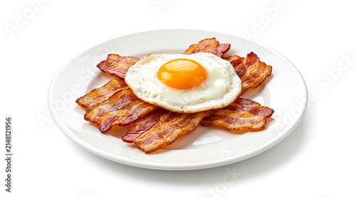 Fried egg on crispy bacon strips on a white plate isolated on white background
