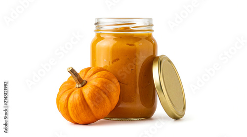 Glass jar of pumpkin puree with lid and fresh pumpkin isolated on white background