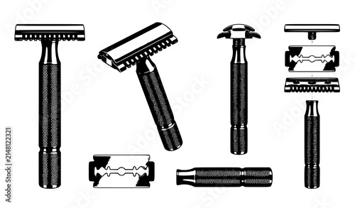 Принти на полотні Stainless steel reusable safety razor and double edge blade editable vector illu