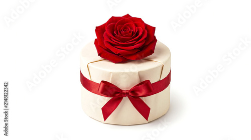 Round gift box wrapped in cream paper with a red rose and ribbon isolated on white background