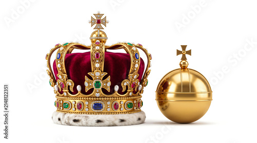 Royal crown and golden orb isolated on white background