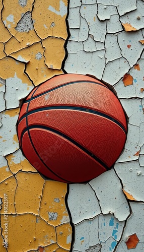 Cracked basketball pattern with peeling paint, grunge, texture