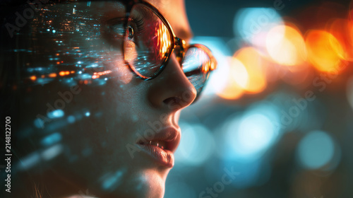 Profile portrait of a girl merged with glowing urban lights. Concept of future vision, artificial intelligence, and digital integration in modern life.