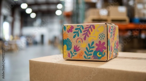 A crisp closeup of personalization options on custom printed corrugated packaging with vibrant designs in a warehouse setting.