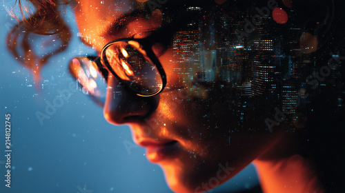 Side view of a woman with glasses overlapping a skyscraper panorama. Concept of big data, network connectivity, and human interaction with technological growth.